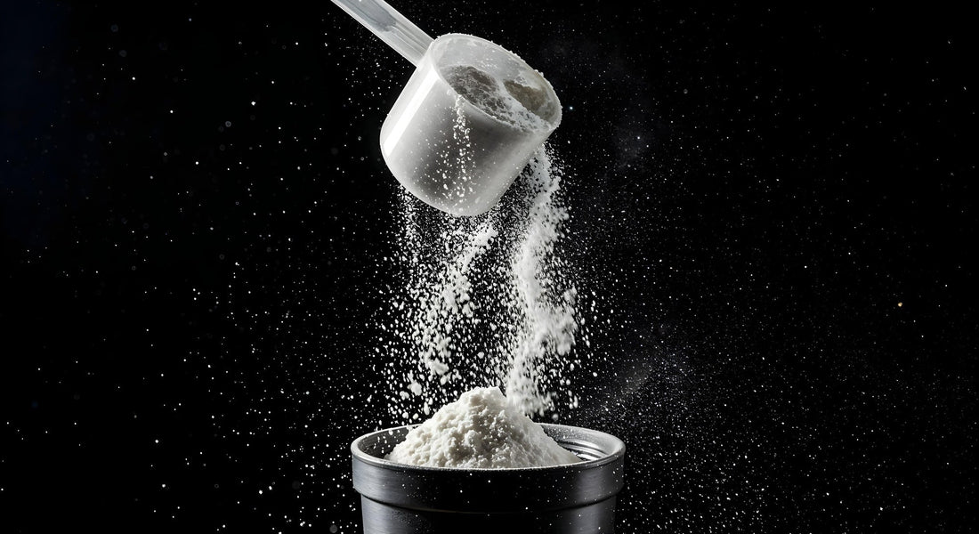 Kreatin monohydrat pulver som hälls i en shaker