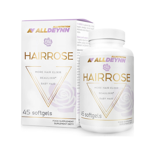 Allnutrition Hairrose hårkapslar i vit burk och förpackning, 45 softgels
