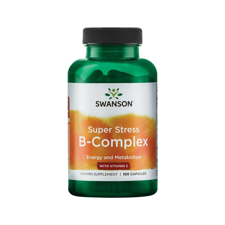 Swanson Super Stress B-komplex kapslar i grön burk med svart lock och etikett