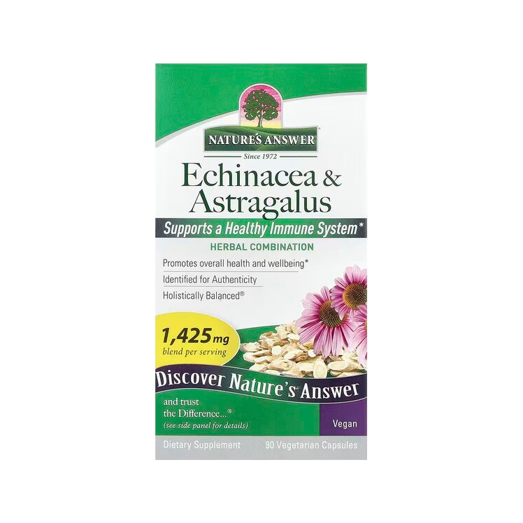 Echinacea & Astragalus örtkombinationskapslar, grön och vit kartongförpackning