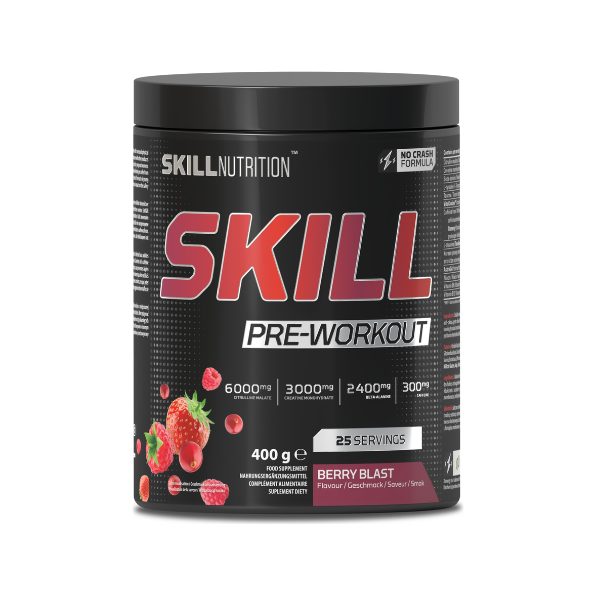 SKILL Pre-Workout-burk med berry blast, 400 g (25 portioner)