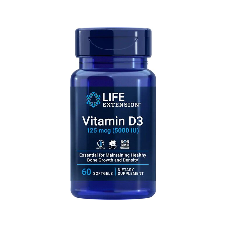 Vitamin D3 i blå flaska, 60 kapslar, 125 mcg (5000 IU) på etiketten.