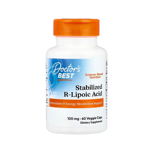 Stabiliserad R-liponsyrakapslar i vit burk med orange lock, 100 mg, 60 kapslar