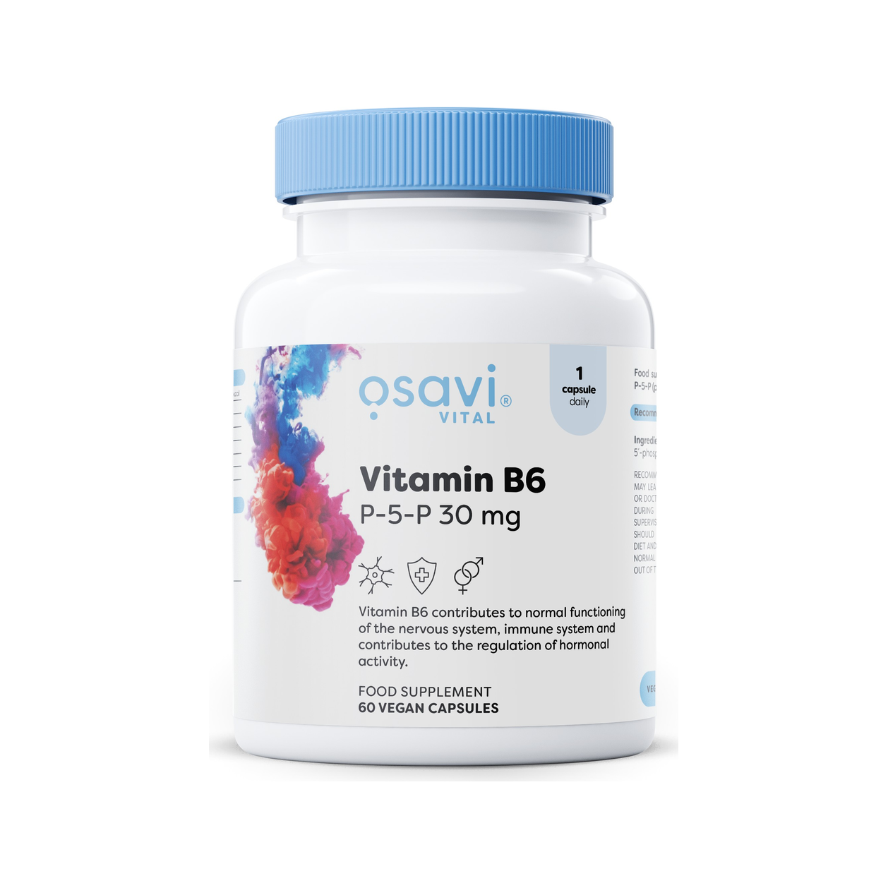 Osavi vitamin B6 P-5-P 30 mg kapseltillskott i vit flaska med blå skruvlock
