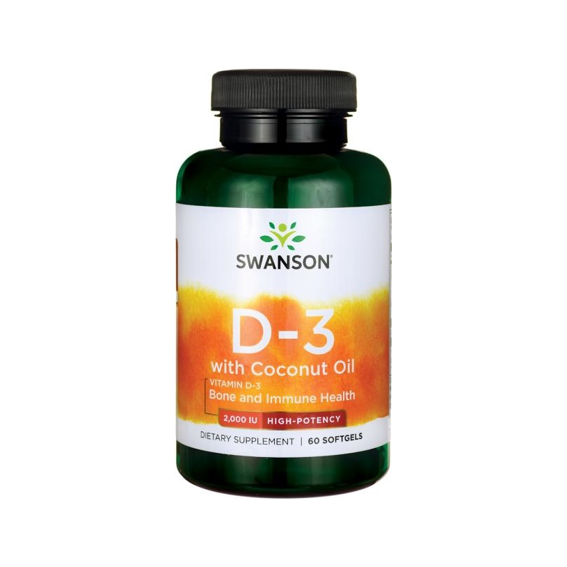 Swanson D-3 kapseltillskott med kokosolja, mörkgrön flaska med svart lock