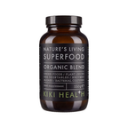 Superfood-tillskott i brun glasflaska med svart lock och etikett
