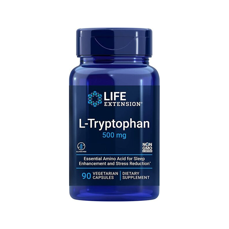 Life Extension L-tryptofan 500 mg kosttillskott, flaska med 90 kapslar