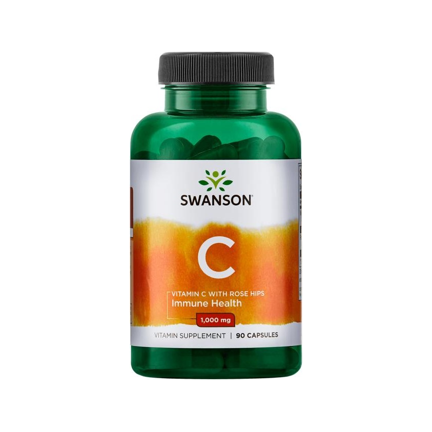 Swanson C-vitamin med nyponkapslar i grön flaska med etikett och skruvlock