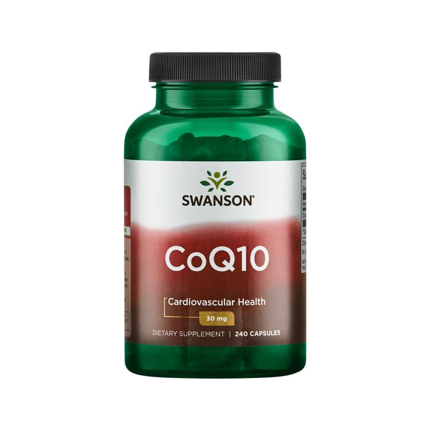 Swanson CoQ10 30 mg kapslar i grön plastburk med svart lock, 240 kapslar