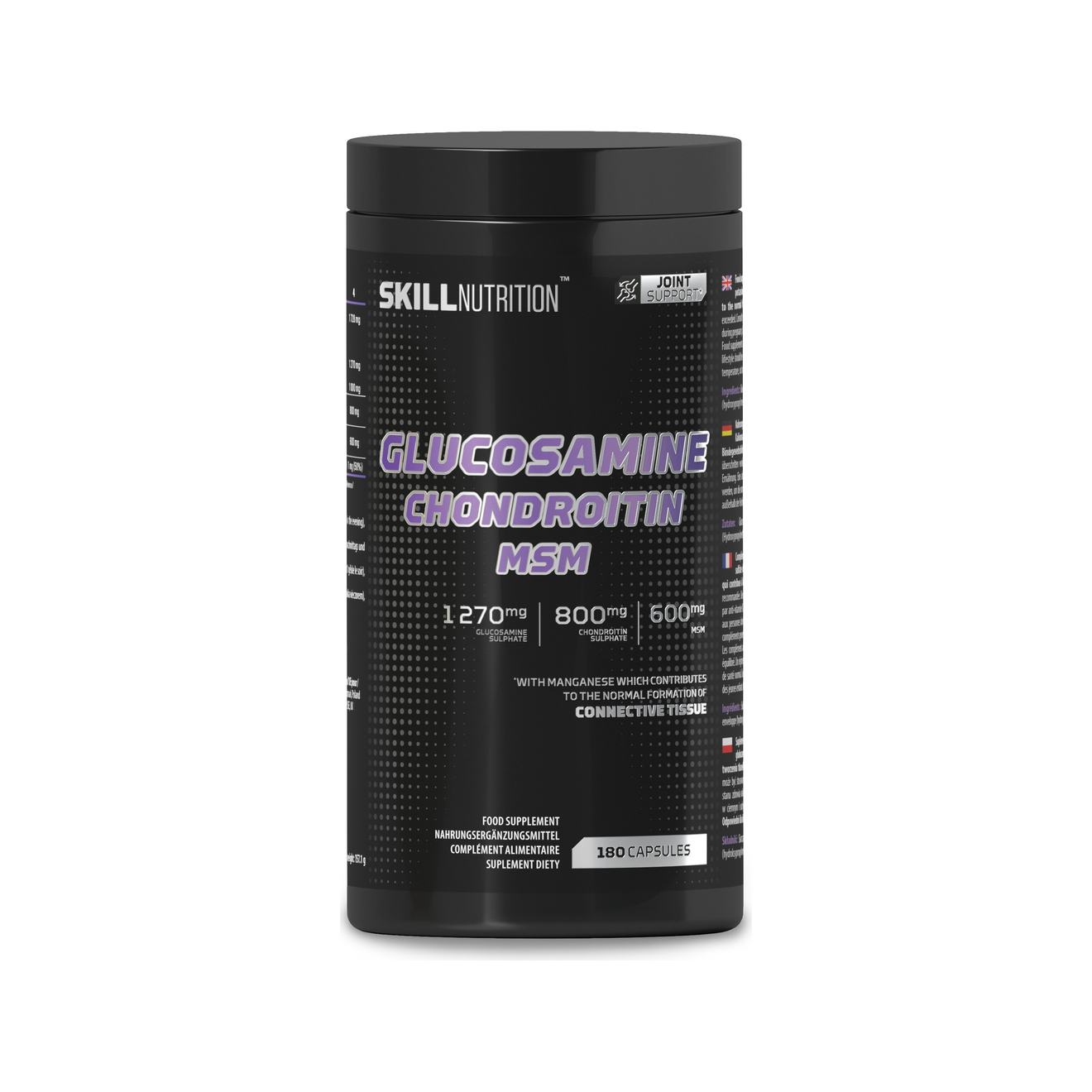 Skill Nutrition kosttillskott i svart burk med Glucosamine Chondroitin MSM, 180 kapslar