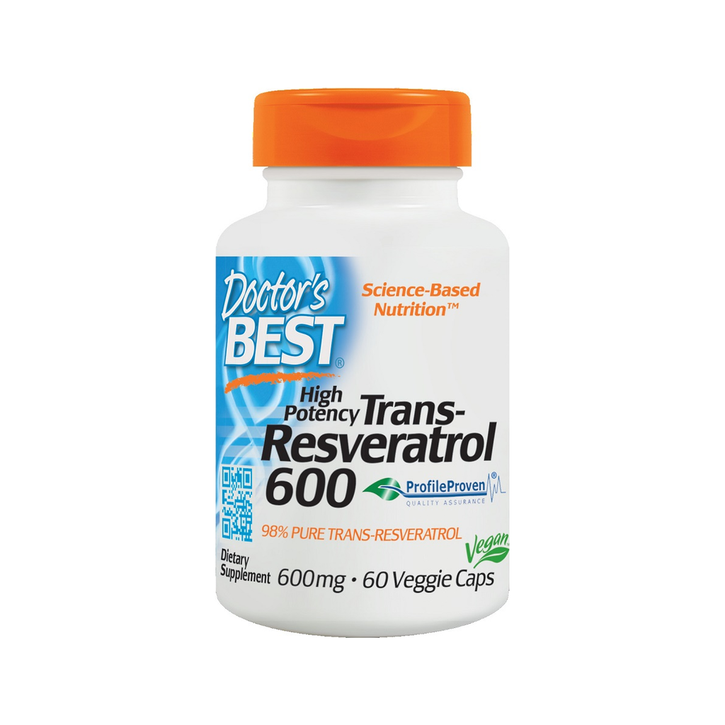Kapseltillskott i vit burk med orange lock, Trans-Resveratrol 600 mg, 60 kapslar
