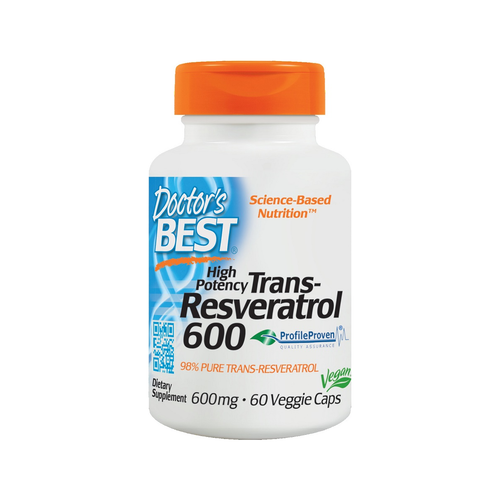 Kapseltillskott i vit burk med orange lock, Trans-Resveratrol 600 mg, 60 kapslar