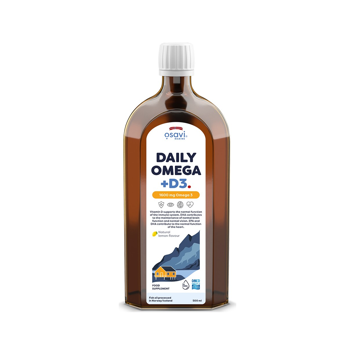 Osavi Daily Omega + D3-brun vätskeflaska med skruvkork och etikett