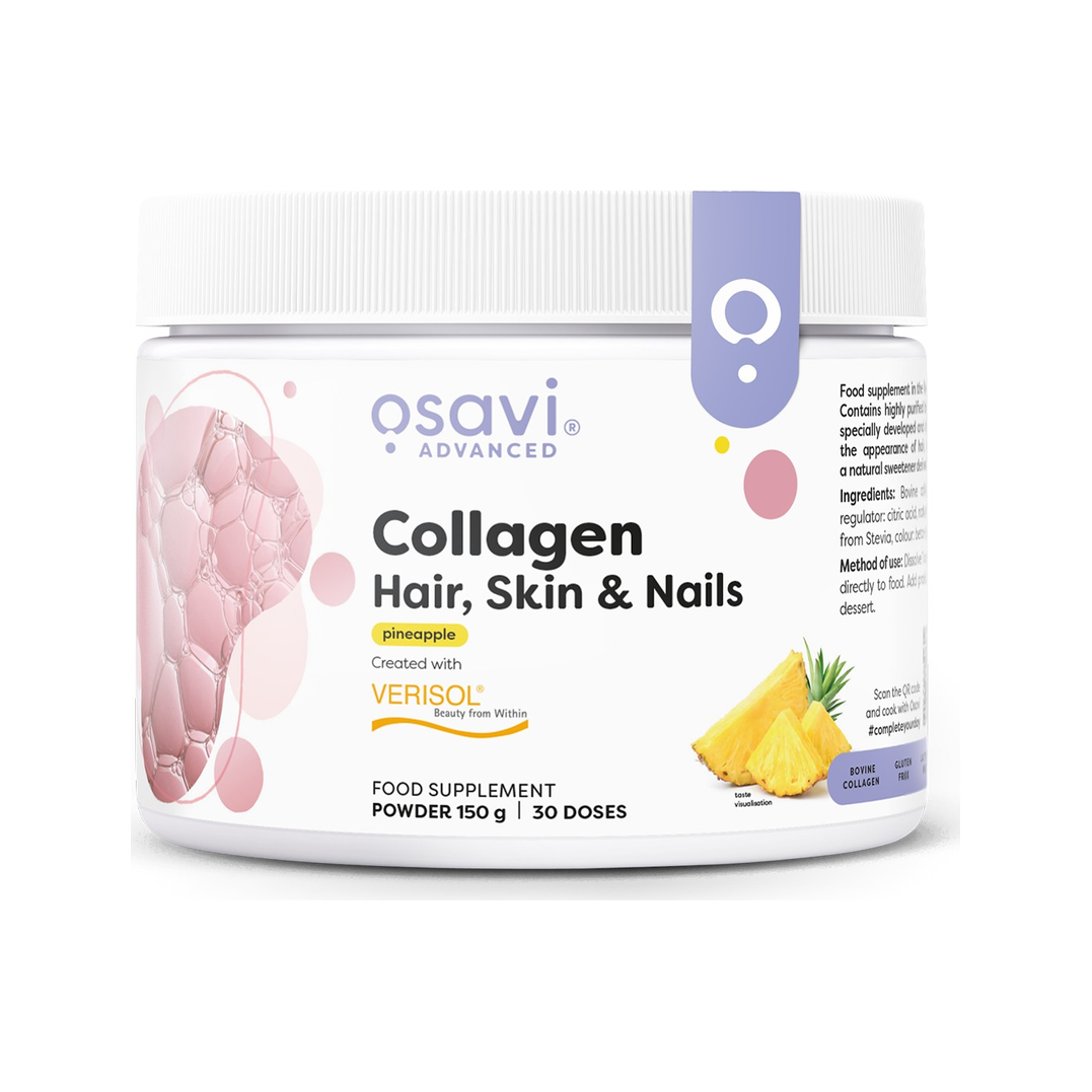 Osavi kollagenpeptider för hår, hud och naglar i burk, ananas.