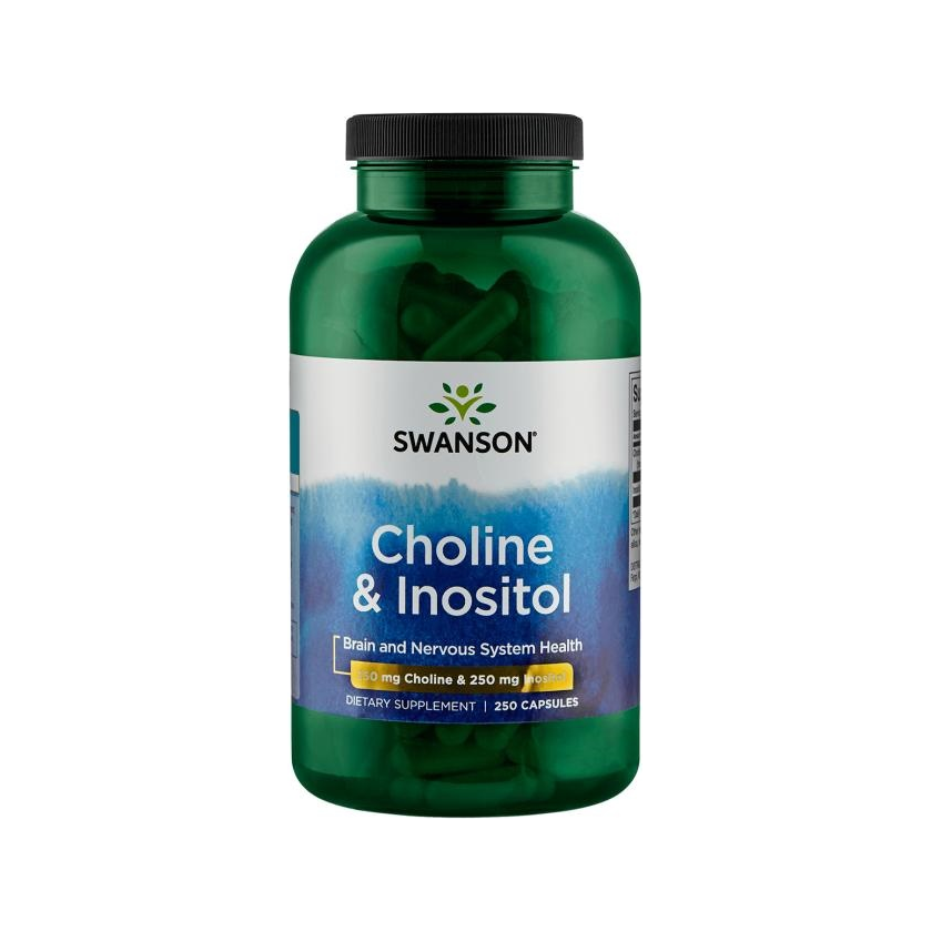 Swanson Choline & Inositol kapseltillskott i mörkgrön flaska, etikett med 250 kapslar