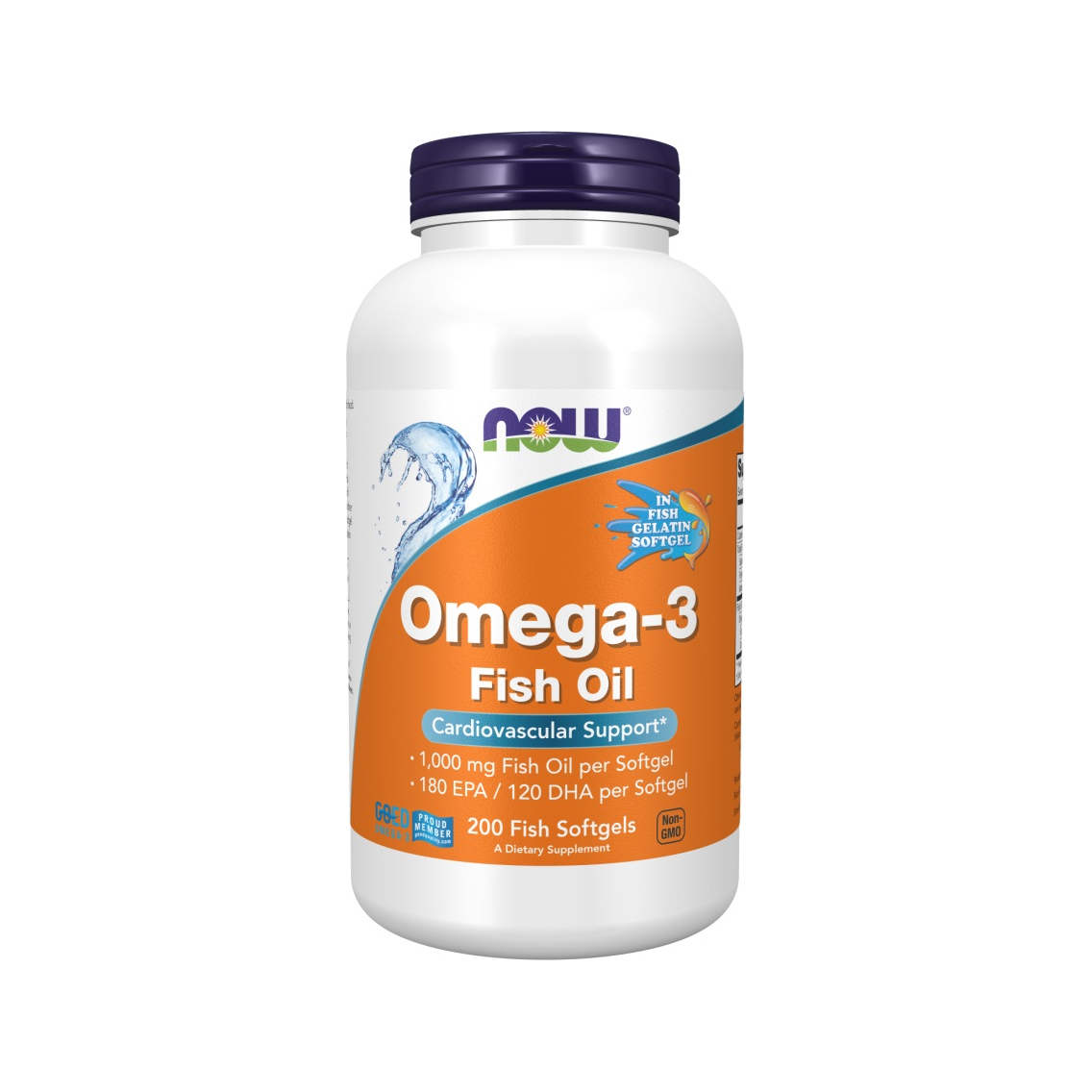 Omega-3 fiskolja i vit plastburk med blå och orange etikett, 200 kapslar