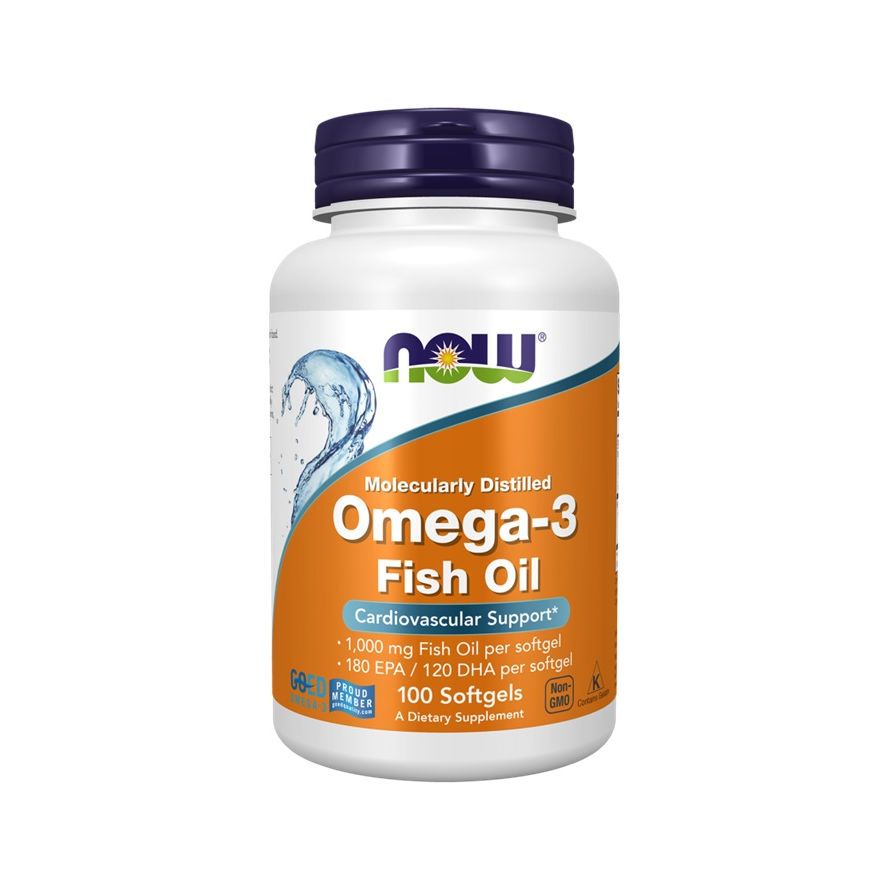 NOW Foods Omega-3 fiskoljekapslar: flaska med blågul etikett och mörklila lock