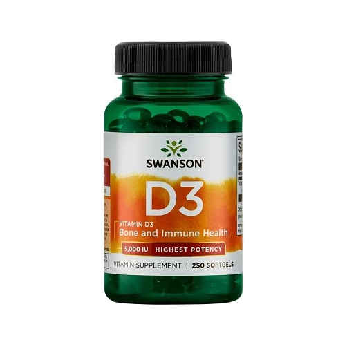 Swanson D3-vitamintillskott i grön flaska med svart kork, 250 kapslar