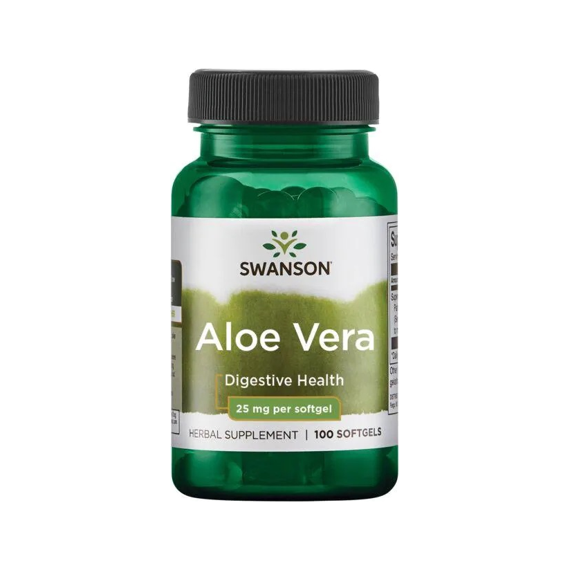 Swanson Aloe Vera kosttillskott, 25 mg, 100 kapslar i grön flaska