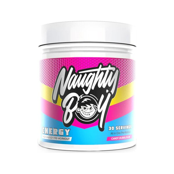 Energipreworkout i burk med rosa och turkos etikett, Candy Bubblegum