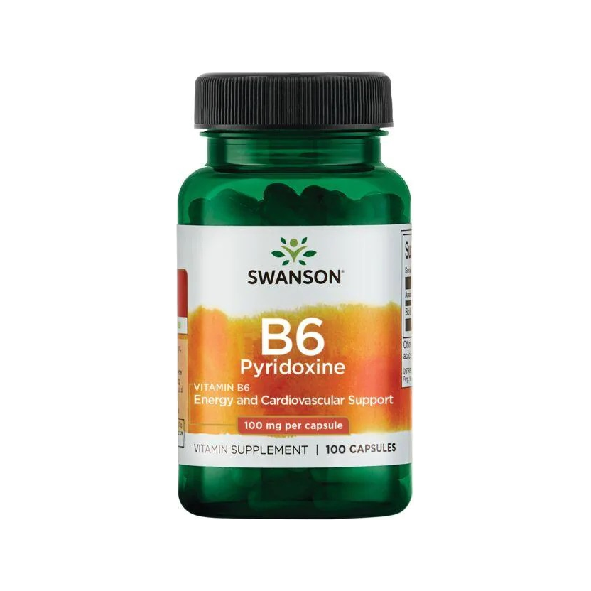 Swanson B6 pyridoxin i grön kapselburk med svart lock, 100 mg