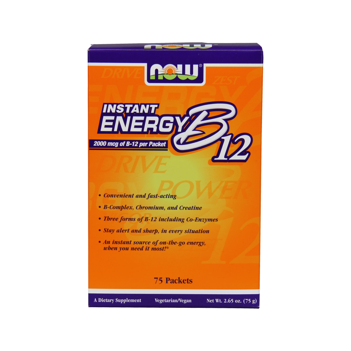 NOW Vitamin B12-förpackning med 75 påsar, orange och lila.