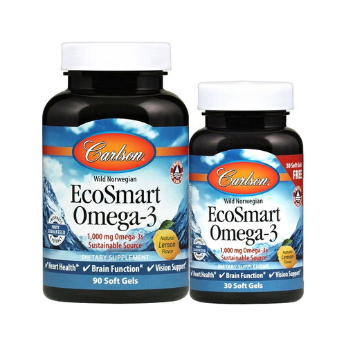 Omega-3-kapslar i flaskor, Carlson EcoSmart, 90 och 30 kapslar, naturlig citron