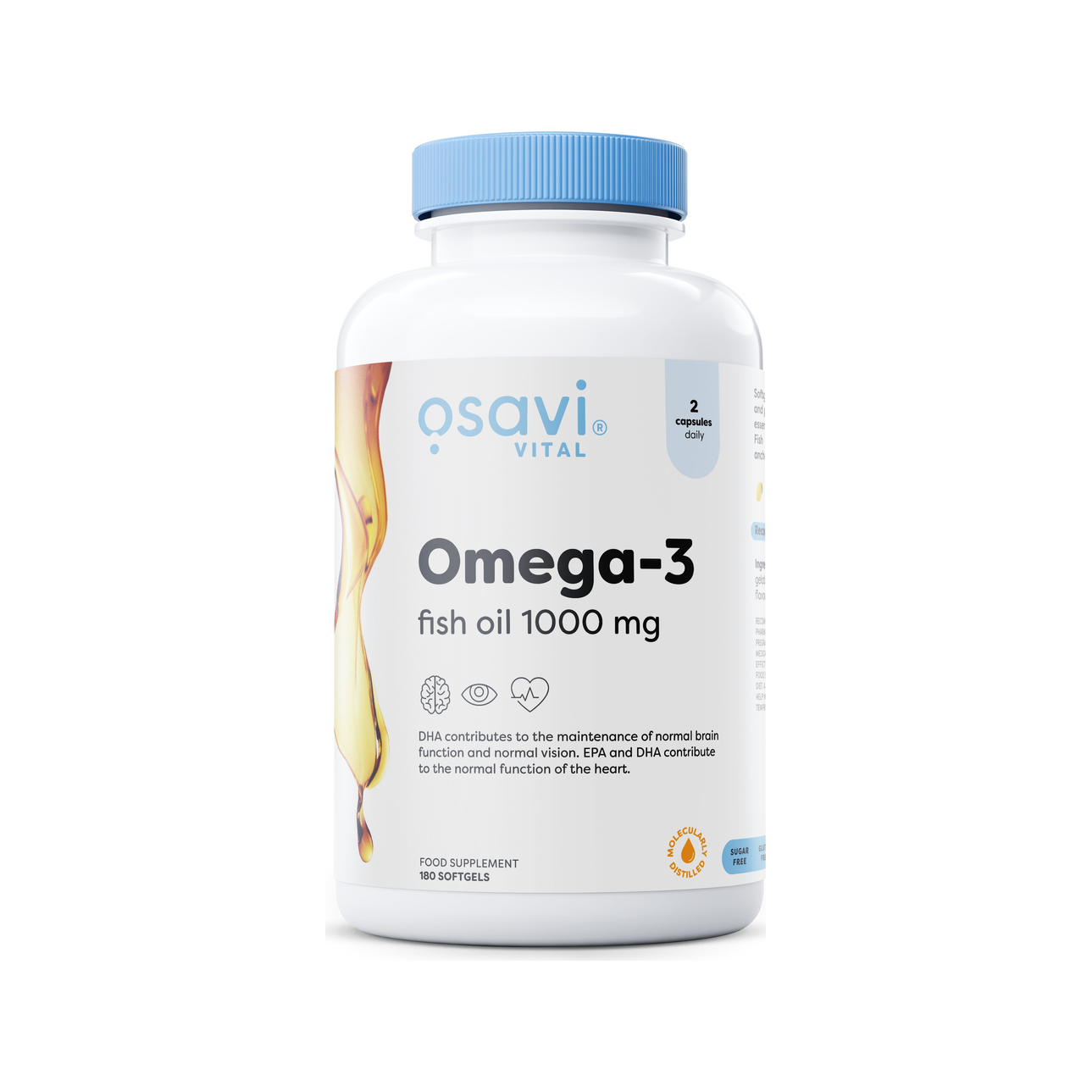 Omega-3 fiskoljekapslar i vit burk med blå lock och Osavi-märkning