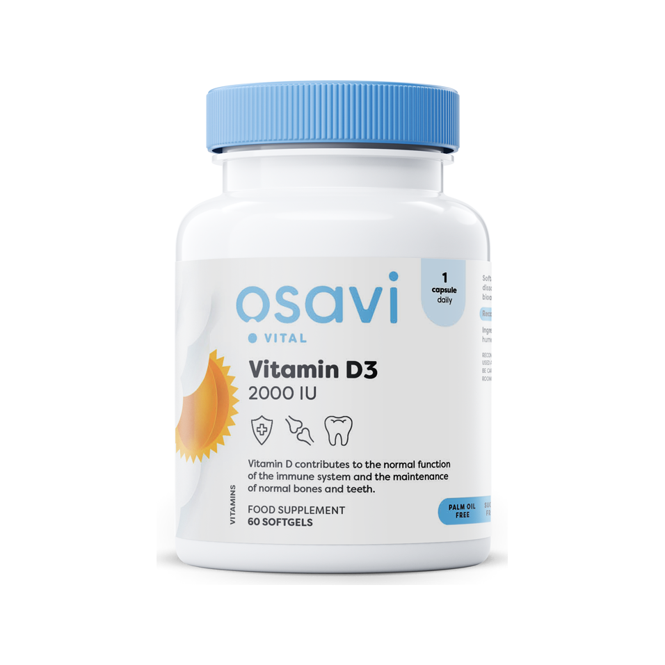 Osavi D3-vitamin 2000 IE i kapslar, flaska med blå lock