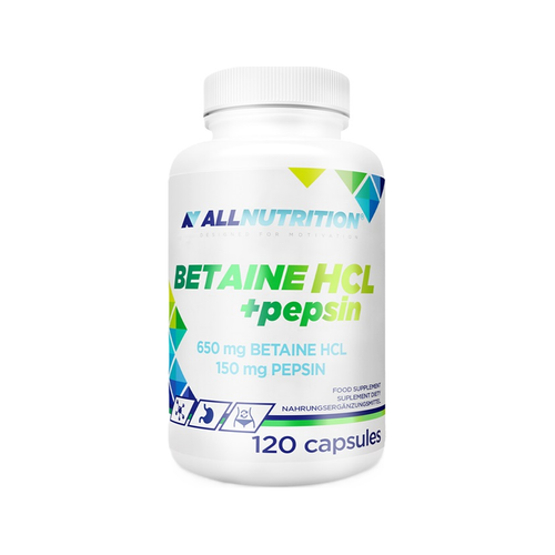 Allnutrition Betain HCl + pepsin kosttillskott, 120 kapslar i vit burk