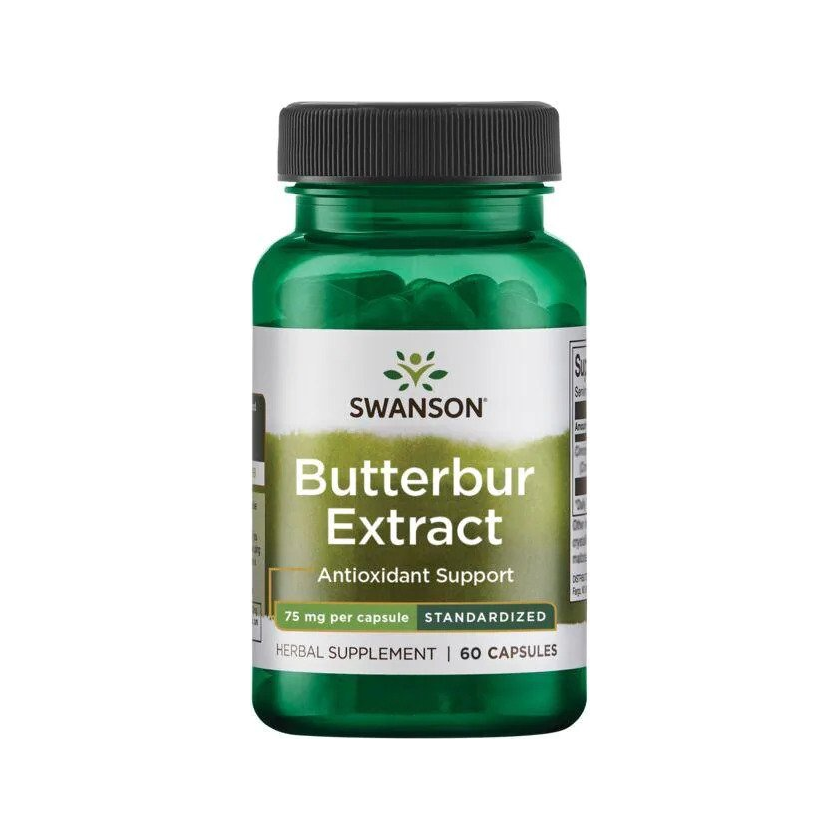 Swanson butterbur-extrakt i grön burk med skruvlock, 75 mg per kapsel, 60 kapslar