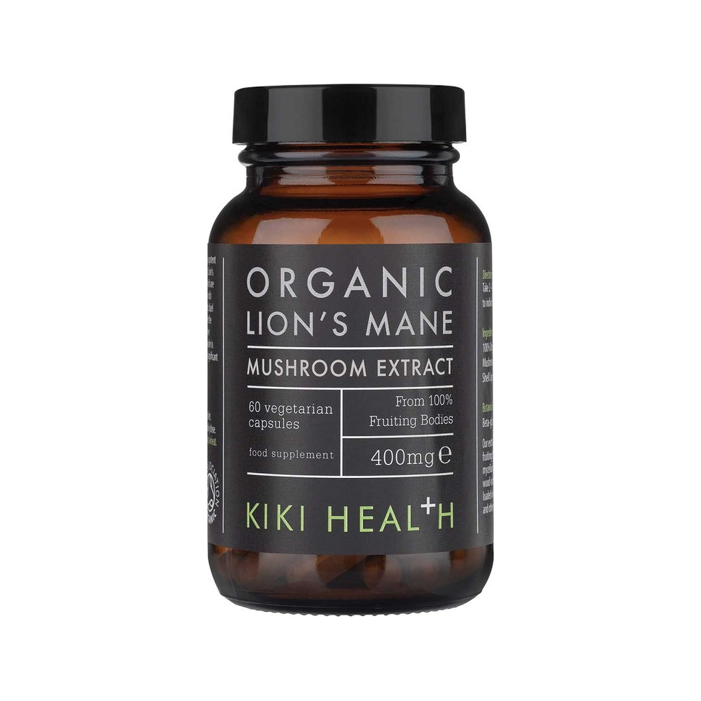 Kapseltillskott KIKI Health Organic Lion's Mane svampextrakt 400 mg i bärnstensflaska