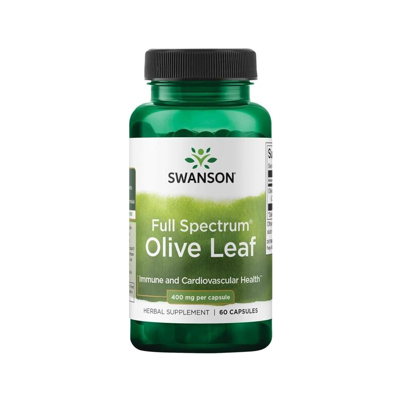 Kapselburk Swanson Full Spectrum Olive Leaf med grönt lock och etikett