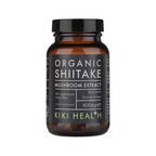 KIKI Health shiitake-tillskott i mörkbrun glasflaska med svart kork, 60 kapslar