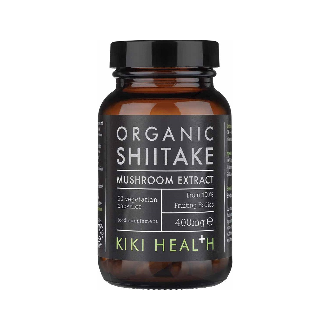 KIKI Health shiitake-tillskott i mörkbrun glasflaska med svart kork, 60 kapslar