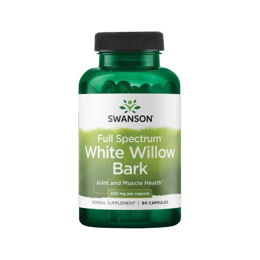 Swanson kapseltillskott Full Spectrum White Willow Bark i grön flaska med svart lock
