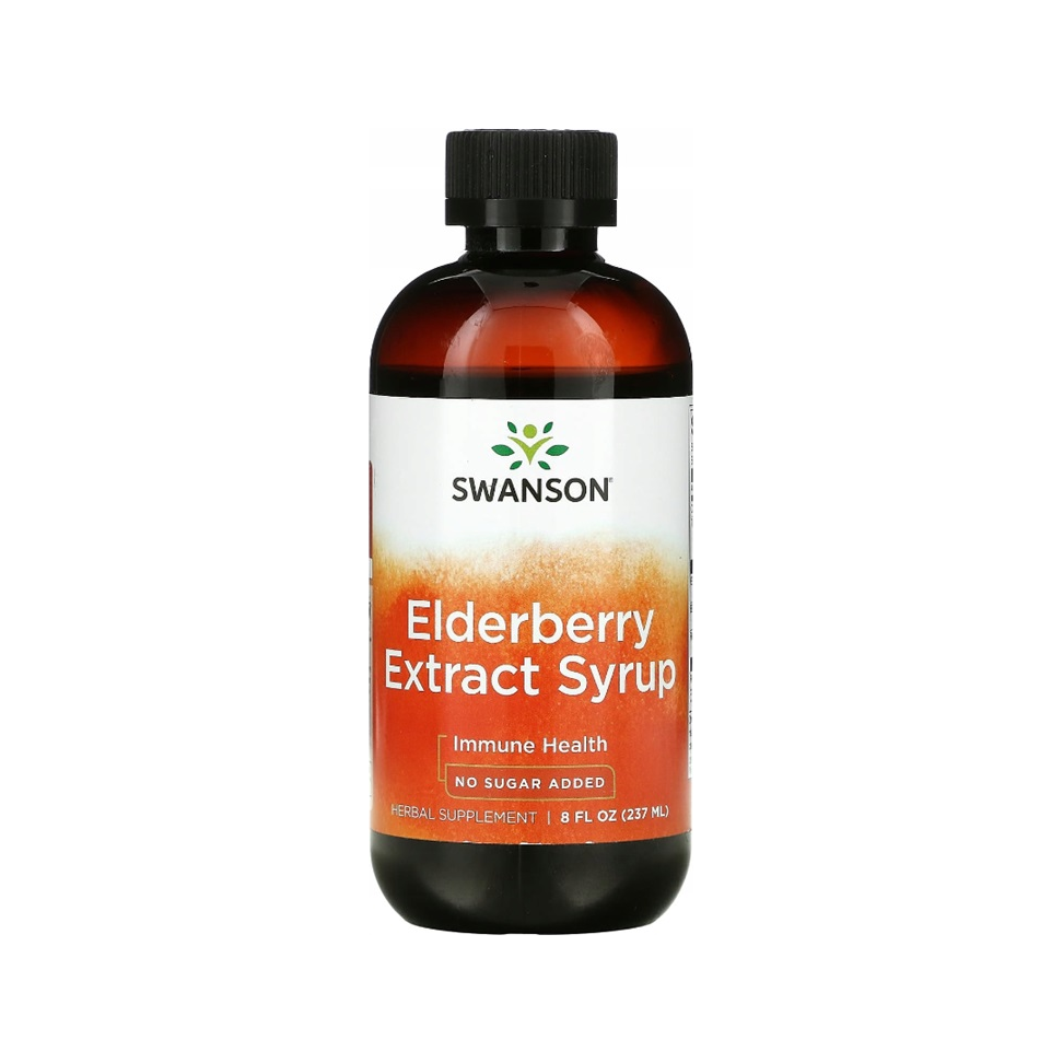 Swanson elderbärrextraktsirap i 237 ml-flaska med svart lock