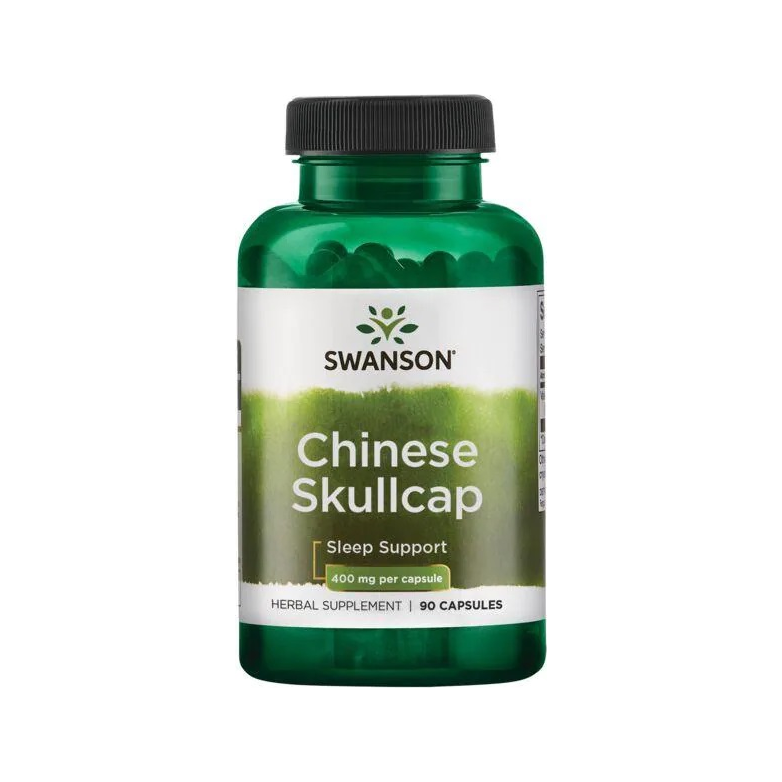 Swanson Chinese Skullcap flaska med mörkgrön kork, etikett för 90 kapslar