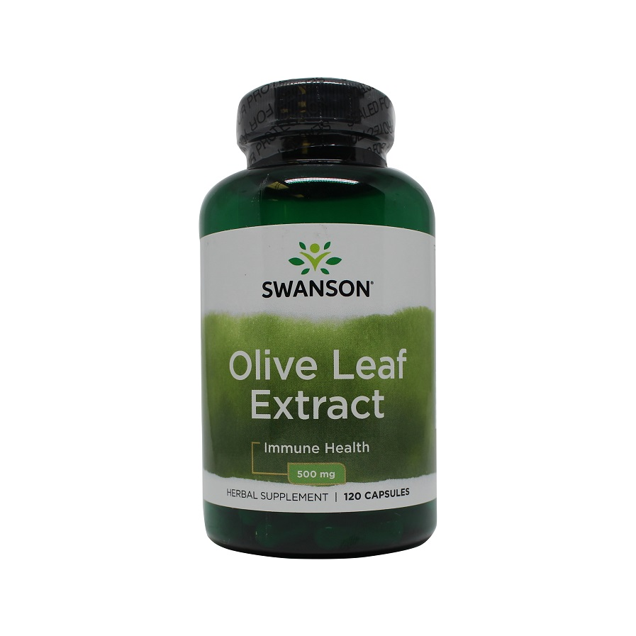 Swanson olivbladsextrakt 500 mg, kosttillskott i mörk glasflaska med etikett