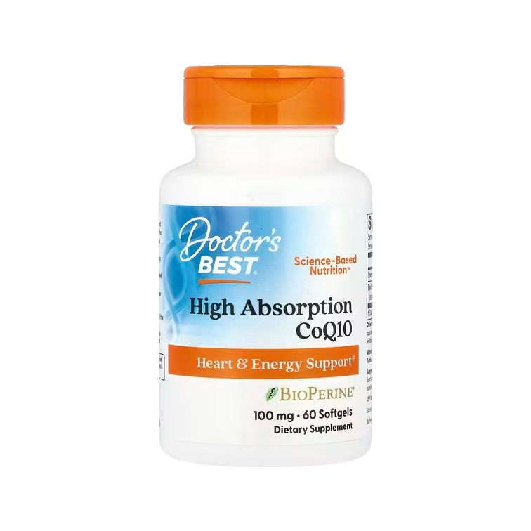 Doctor's Best CoQ10 kosttillskott i flaska med orange lock och BioPerine-märke