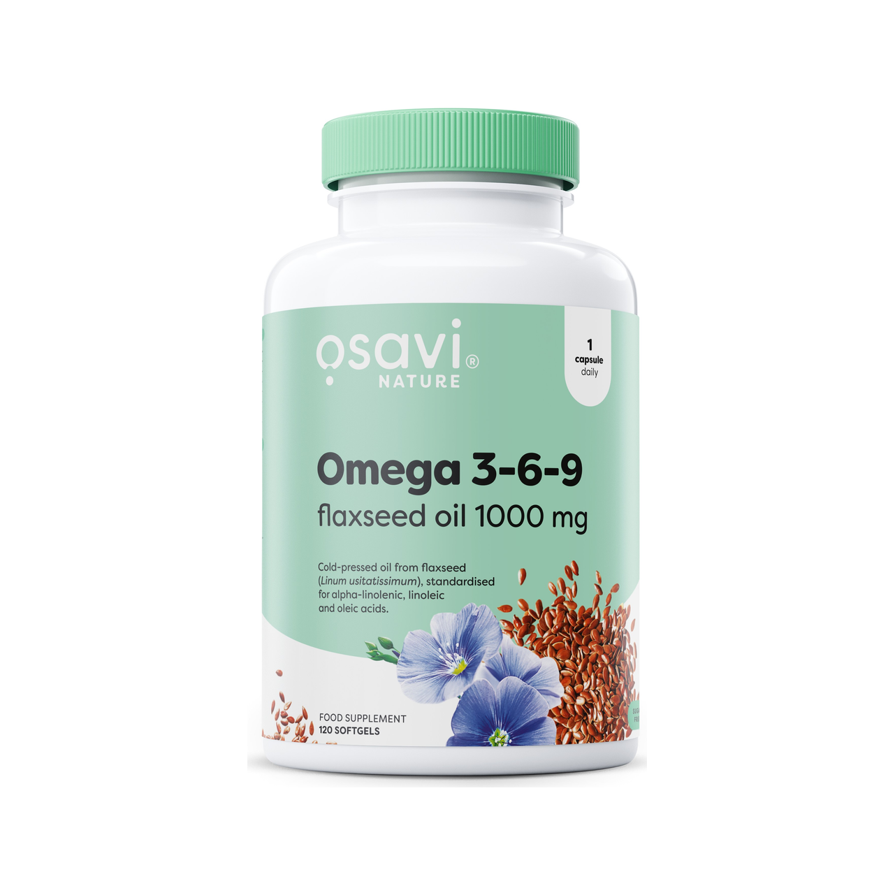 Osavi Omega 3-6-9 linfröoljekapslar i vit flaska med grön skruvkork