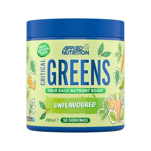 Applied Nutrition Critical Greens oparfymerad pulverburk med blå lock och grön etikett