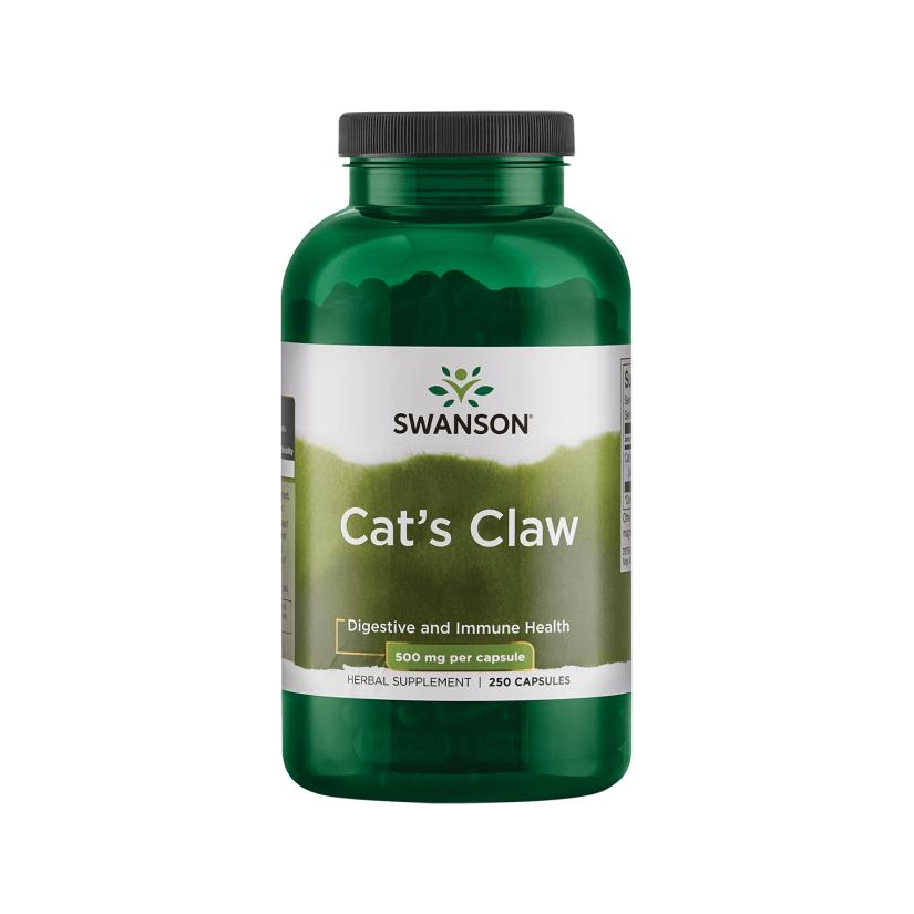 Swanson Cat's Claw kosttillskott i grön burk med kapsel-etikett