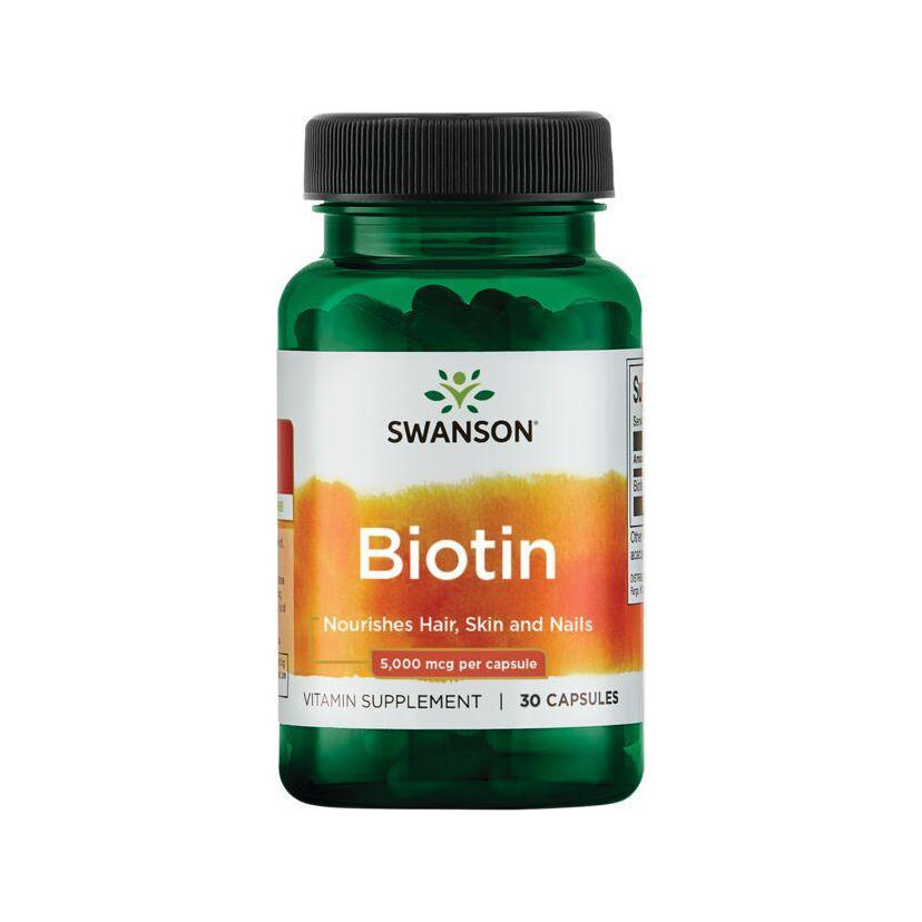 Swanson Biotintillskott i grön flaska med svart lock, 5000 mcg och 30 kapslar