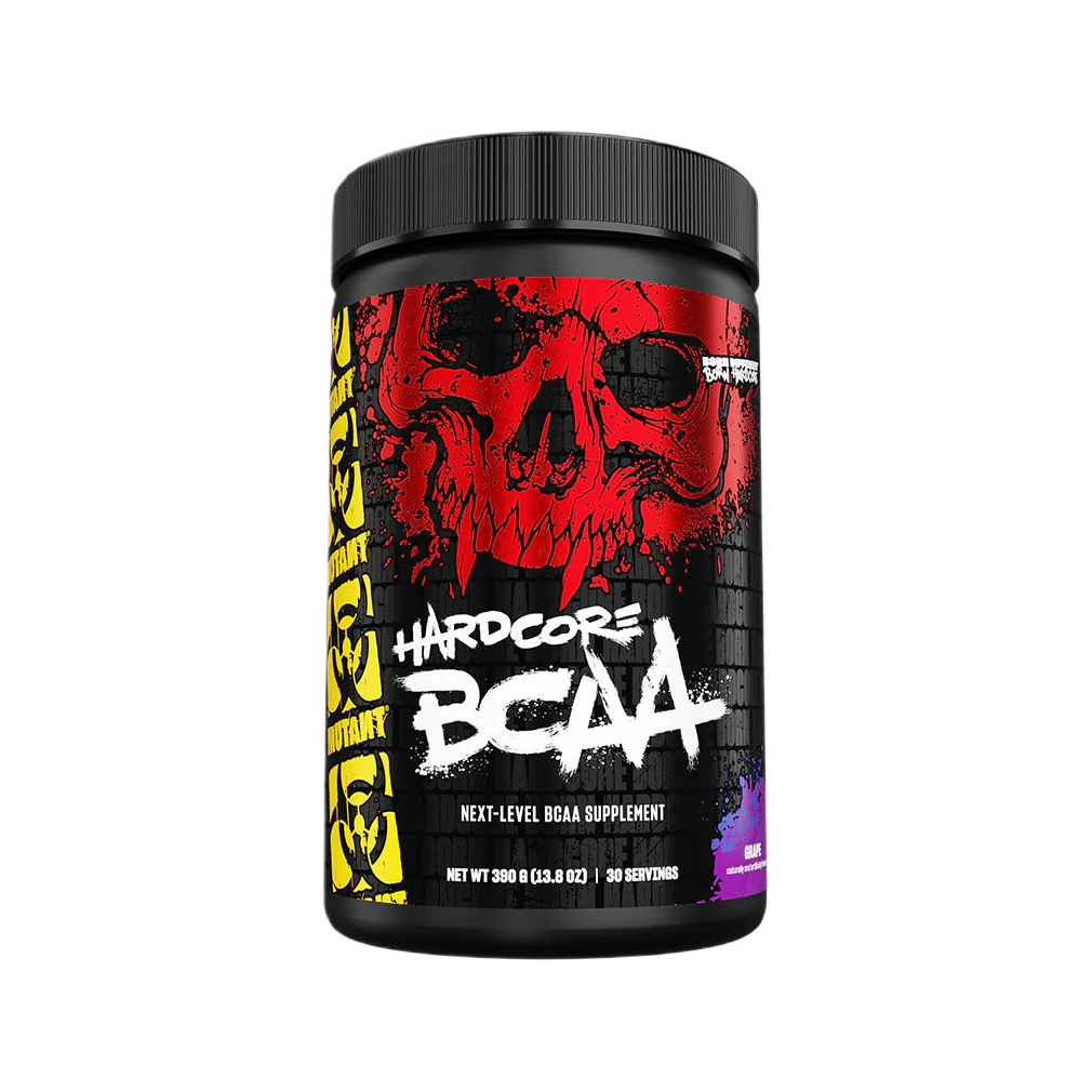 BCAA-tillskott i burk, svart med röd etikett och lila detaljer