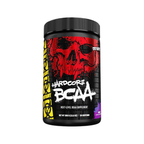 BCAA-tillskott i burk, svart med röd etikett och lila detaljer