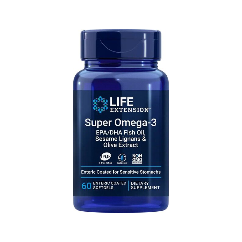 Life Extension Super Omega-3 kosttillskott i blå plastflaska med etikett
