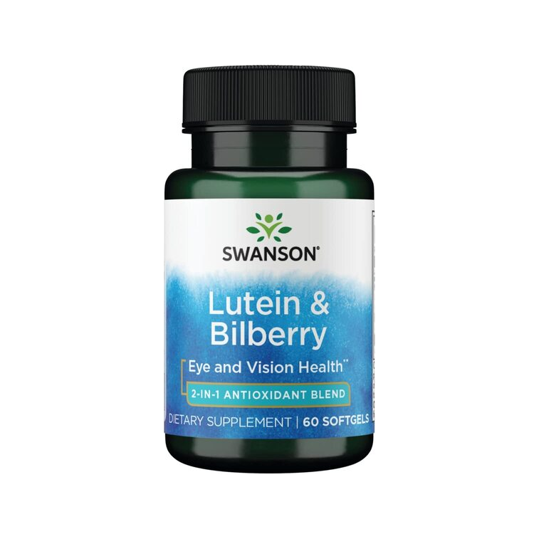 Swanson Lutein & Bilberry-tillskott i kapselflaska med svart lock och etikett