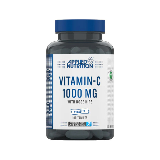 C-vitamintillskott i burk med blått lock, Applied Nutrition Vitamin C 1000 mg, 100 tabletter