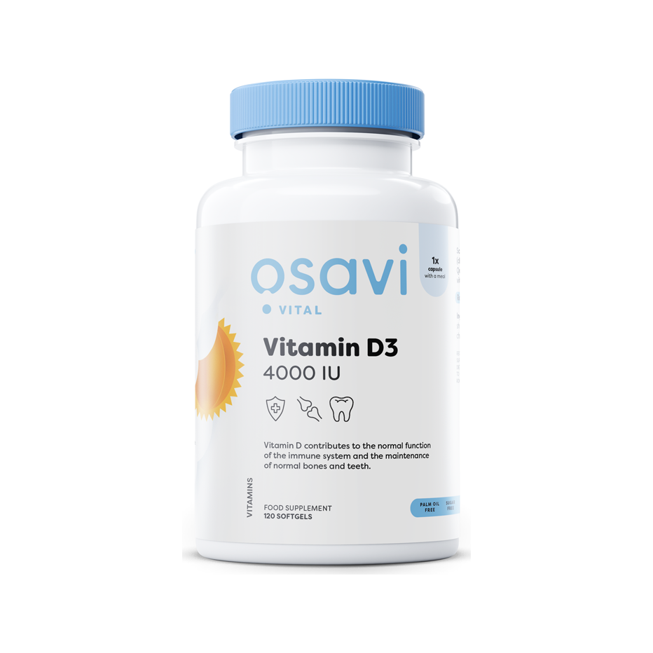Vitamin D3-kapslar i vit burk med blå lock och etikett